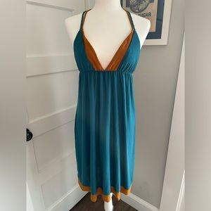 T-bags summer halter-neck dress in teal and brown - size small